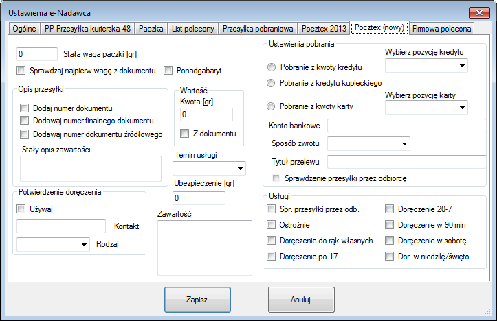 Poszczególne pola oznaczają: Stała waga paczki [gr] po wprowadzeniu wartości większej od 0 (w gramach) dla każdej przesyłki będzie wstawiania stała waga.