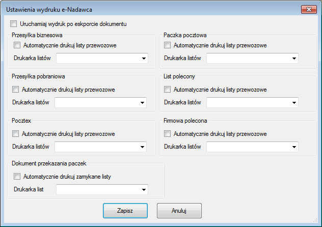 W związku z tym, że każdy rodzaj dokumentu (list polecony, paczka pocztowa, przesyłka biznesowa) może posiadać odrębny format wydruku, to konfiguracja odbywa się dla każdego rodzaju oddzielnie.
