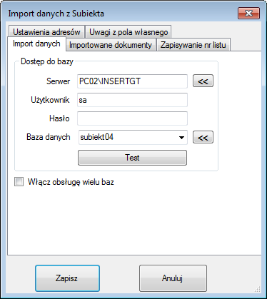 3.2.9.1 Zakładka Import danych Poszczególne pola odpowiadają za: Serwer serwer bazy danych.