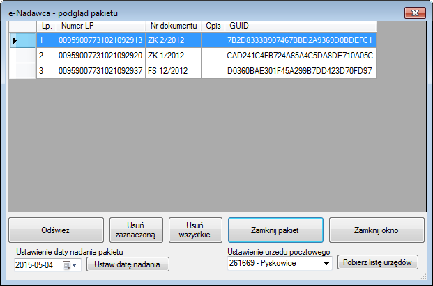 Poszczególne przyciski pozwalają na: Odśwież pobiera dane z serwera poczty polskiej i pokazuje zawartość listy. Usuń zaznaczoną usunięcie zaznaczonej pozycji z pakietu.