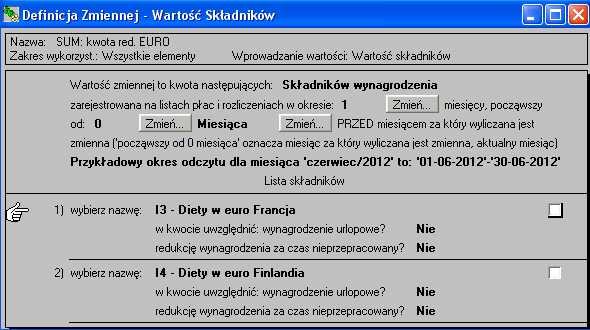 Rys.18. Definicja zmiennej 'Godz. oddeleg. Finlandia'. Kolejne 3 zmienne są podsumowaniem wartości wybranych składników wynagrodzenia. Są to: 'SUM: kwota red. EURO', 'SUM: 0,3*kw.red. EURO', oraz 'SUM: wynagrodz.