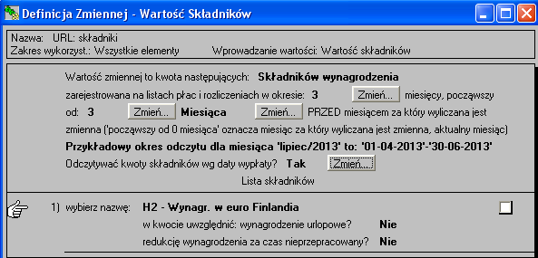 Rys.38. Definicja zmiennej 'URL: godziny przeprac.': zmienna wylicza sumę godzin przepracowanych w Finlandii przez pracownika w ciągu poprzedzających urlop 3 miesięcy.