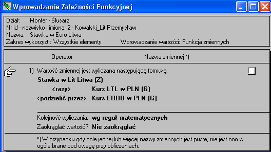 Rys.47. Dwie nowe zmienne w kartotece pracownika: 'Stawka w Lit Litwa', oraz 'Stawka w Euro Litwa'.