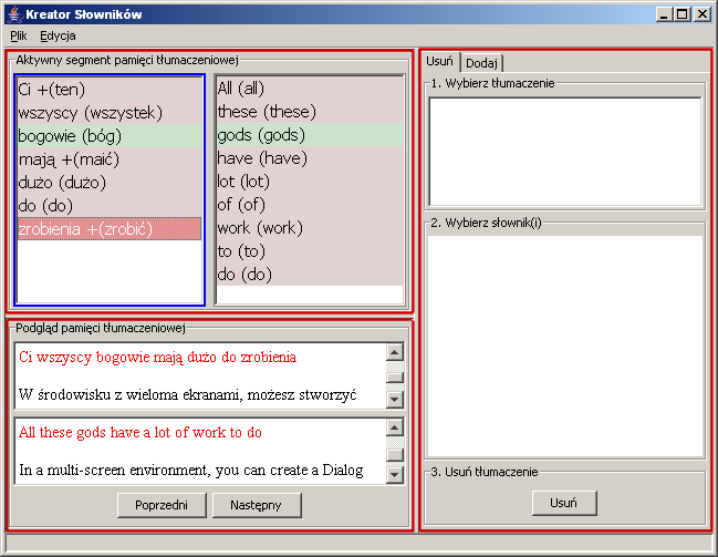 A.3. Interfejs użytkownika Interfejs użytkownika programu Kreator Słowników składa się z okna głównego podzielonego na funkcjonalne obszary, umożliwiające użytkownikowi intuicyjną nawigację po