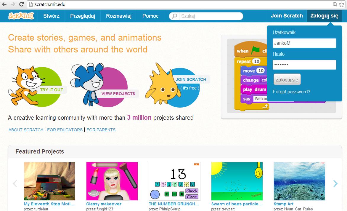 Opis środowiska Scratch Środowisko Scratch służy do tworzenia interaktywnych historii, gier, animacji i obrazków za pomocą skryptów układanych z gotowych bloków.