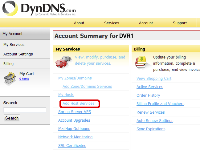 Rys 8. Dodawanie nowej usługi na serwisie DynDns.com Po zalogowaniu trzeba stworzyć dla swojego konta nową usługę, gdzie zdefiniujemy, jaką nazwę ma mieć nasza domena (SERVICES).