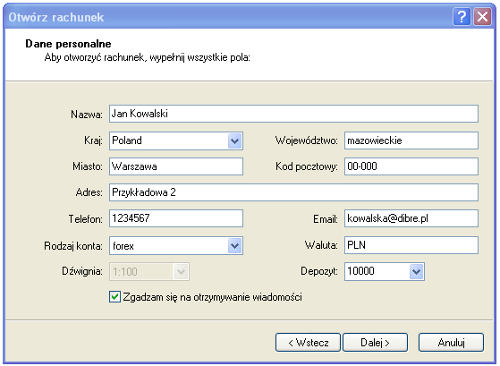 2. Logowanie do rachunku demo W celu otwarcia rachunku demo, należy wypełnić dane w oknie Otwórz rachunek. Okno Otwórz rachunek znajduje się w oknie głównym.