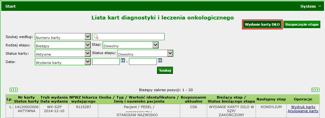 o ED - potwierdzenie wystawienia karty w ramach leczenia szpitalnego Część F konsylium - wypełnia się w procesie leczenia szpitalnego (za wyjątkiem wariantu WK-SZP-KL) [etap Konsylium] o FA -