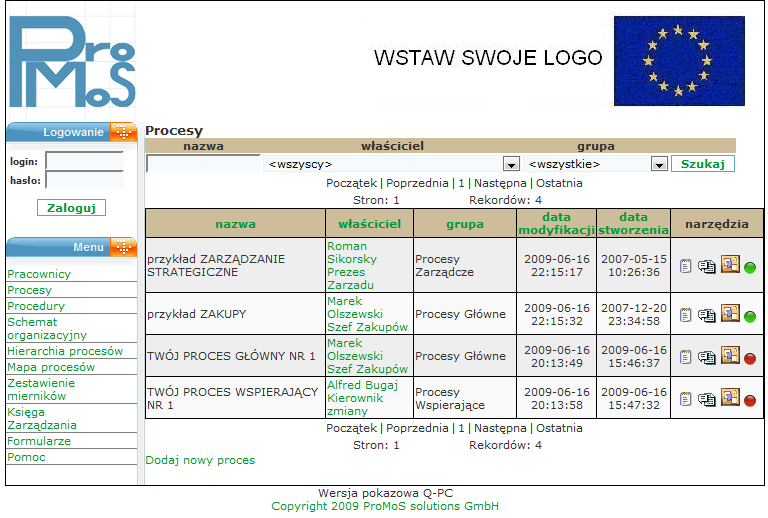 Lista procesów realizowanych w organizacji właściciel typ