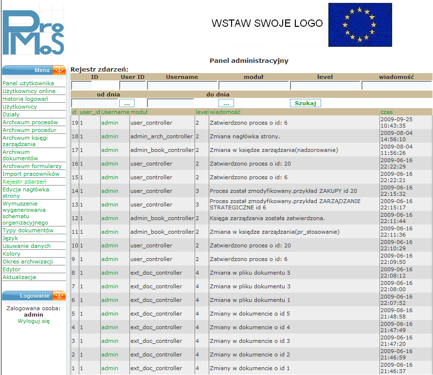 historia logowań profile userów archiwum import prac.