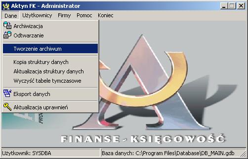 ARCHIWIZACJA BAZ DANYCH W celu wykonania archiwizacji wykorzystujemy program AdminFk.exe znajdujący się w katalogu: C:\Program Files\Database.