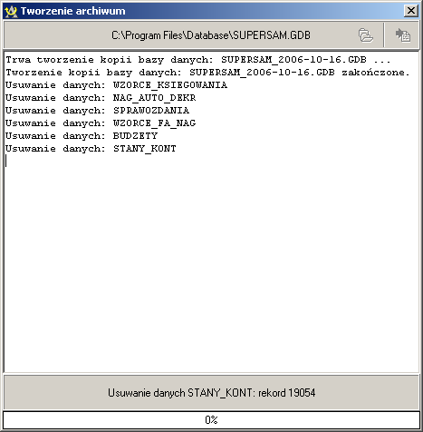 Należy pamiętać, że jako pierwsza wykonywana jest kopia istniejącej bazy danych. Kopia ta sygnowana jest bieżącą datą w nazwie pliku.