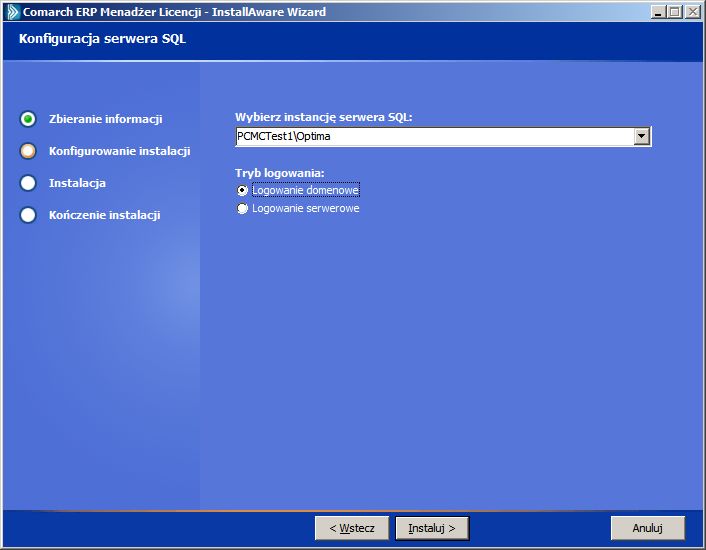 Kolejnym parametrem podawanym w instalatorze Menadżera Licencji, jest instancja SQL. Musi to być lokalna instancja dla komputera, na którym instalowany jest Menadżer Licencji.