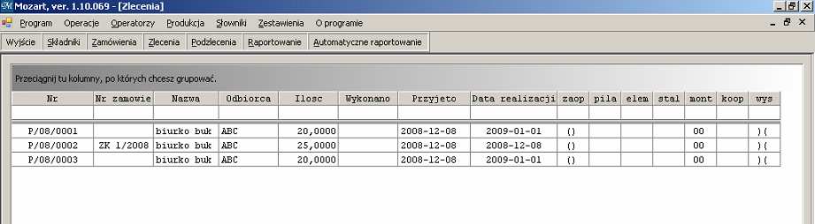 18), w którym wpisujemy (lub wybieramy z list) nazwę produktu, ilość do produkcji, odbiorcę, itp.