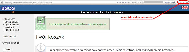 Porównując rys. 10 z rys. 9 (str. 11) można zauważyć, że w wykazie zajęć przybył przedmiot, na który student się zapisał. Zaktualizowany został również rejestr wydanych żetonów typu OG.