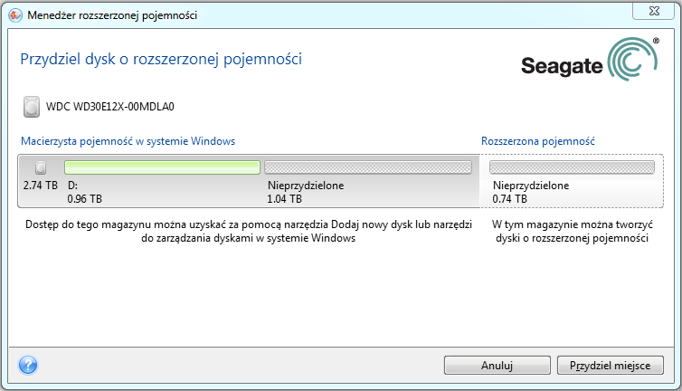 2. Narzędzie Seagate Extended Capacity Manager wyświetla Pojemność rozszerzoną dostępną do przydzielenia. 3.