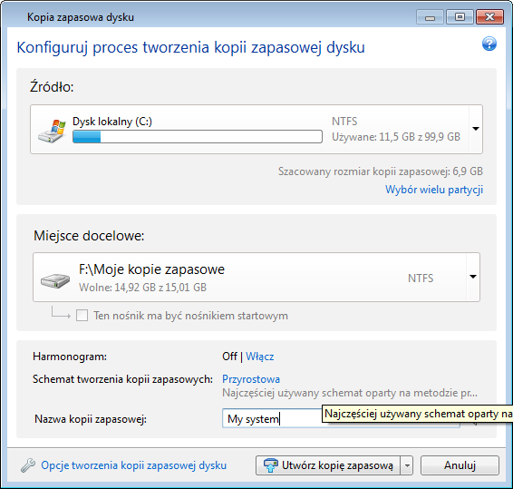 Wyświetlone zostanie okno Kopia zapasowa dysku, w którym partycja systemowa (zwykle C:) jest domyślnie zaznaczona. 3.