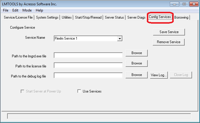 4.3 Konfigurowanie serwera licencji Autodesk Okno konfiguracji serwera licecji Na karcie Config Services wybieramy z listy Service Namen usługę, która chcemy użyć do zarządzania licencją.