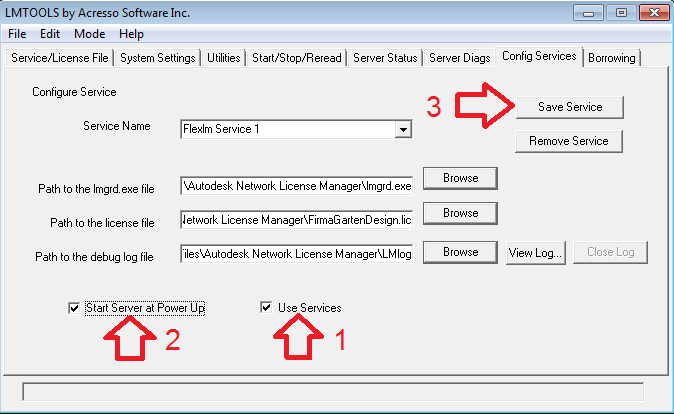 Konfiguracja Path to the Debug Log file Ostanim parametrem do skonifurownaia na karcie Config Services jest wskazanie Use Services, by eksportować lmgrd.exe jako usługę.