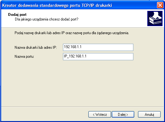 5. Wybierz Utwórz nowy port, następnie z rozwijanego menu Typ portu wybierz Standard TCP/IP Port. Kliknij Dalej. 6.