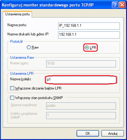 Wybierz Protokół LPR, wpisz p1 (numer 1) jako Nazwa kolejki w