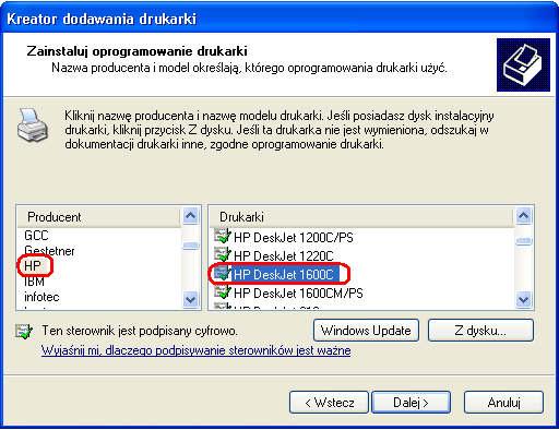 10. System zapyta o wybranie właściwej drukarki, aby zainstalować odpowiednie sterowniki.