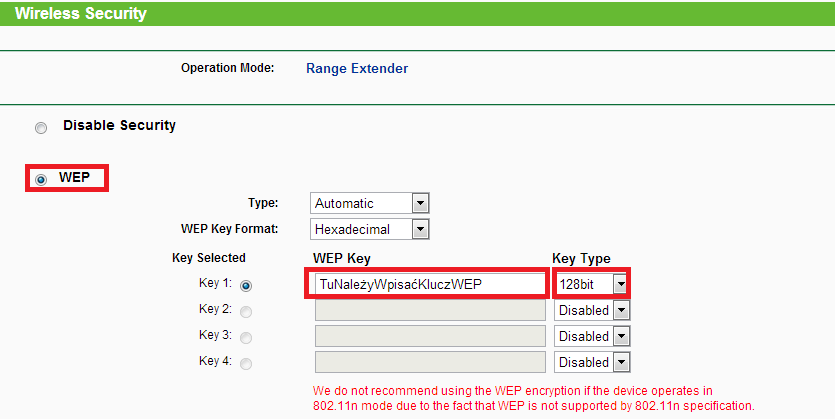 Jeżeli przy kluczu zabezpieczeń podanym na Liveboxie napisane jest Klucz WEP należy zaznaczyć opcję WEP, w