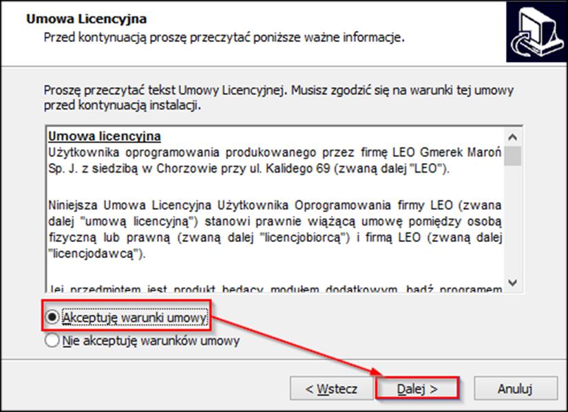Następnie pokaże się okno z kreatorem instalacji, należy przejść do następnego etapu, wybierając przycisk Dalej.