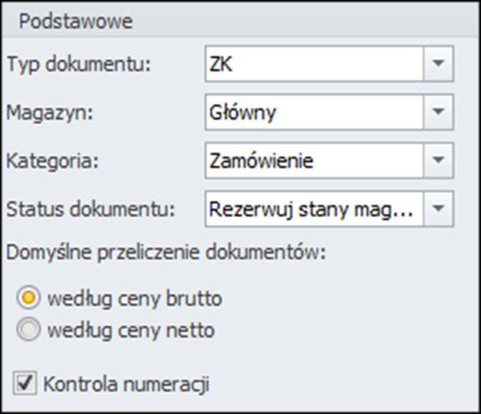 USTAWIENIA DOKUMENTU Rysunek 53 Ustawienia dokumentu są podzielone na kilka mniejszych sekcji (pól): Podstawowe Rysunek 54 Typ dokumentu opcja umożliwia wybór rodzaju dokumentu, który będzie