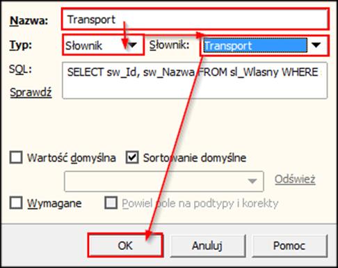 Aby zdefiniować pole własne należy wybrać Administracja Parametry Pola własne. Z rozwijanej listy trzeba znaleźć dokument dla którego tworzymy szablon w programie Synchronizator XML (np.