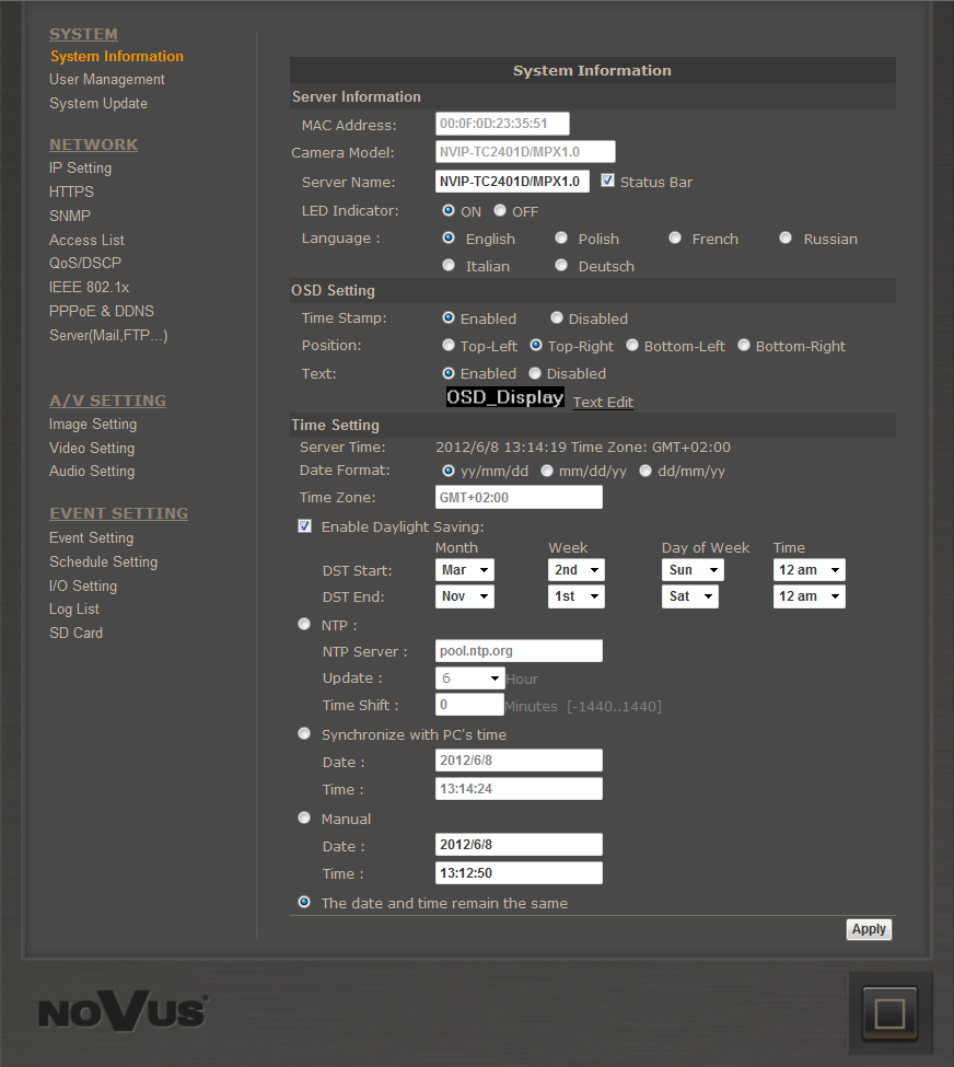 NVIP-TDN2401D/IR/MPX1.0, - user s Manual ver.1.0. CAMERA WWW INTERFACE 4.2.1. System a. System information - Set up the camera name, select language, and set up the camera time.