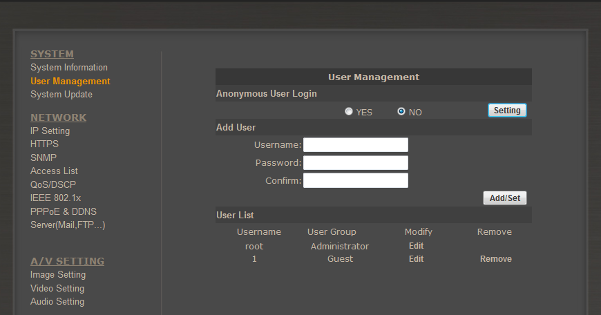 Type the user name and password, then click Add/Set. - list of users. Here you can change password or delete existing user.