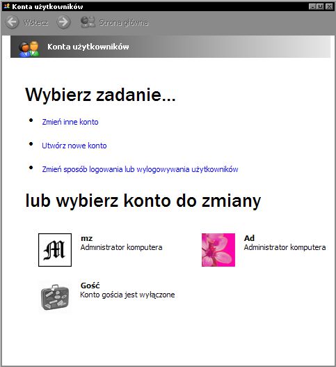 Profile użytkowników (2) Zarządzanie kontami lokalnego komputera jest proste i odbywa się poprzez wybranie: Start Ustawienia Panel