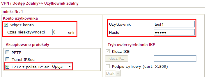 1.Konfiguracja serwera VPN Przejdź do zakładki VPN i Dostęp Zdalny>>Protokoły VPN i sprawdź (lub zaznacz) czy jest włączona obsługa protokołu IPSec i L2TP. 1.1. Profil dla klienta ze zmiennym IP Przejdź do zakładki VPN i Dostęp Zdalny>>Ustawienia ogólne IPSec.