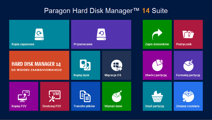 4.3 Pierwsze uruchomienie Aby uruchomić Hard Disk Manager 14 w systemie Windows, kliknij przycisk Start, a następnie wybierz Programy > Paragon Hard Disk Manager 14 > Paragon Hard Disk Manager.