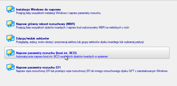 8. Uruchom ponownie komputer. 49 5.2.2 Naprawa BCD (Boot Configuration Data) Aby automatycznie naprawić BCD systemu operacyjnego, wykonaj następujące czynności: 1.