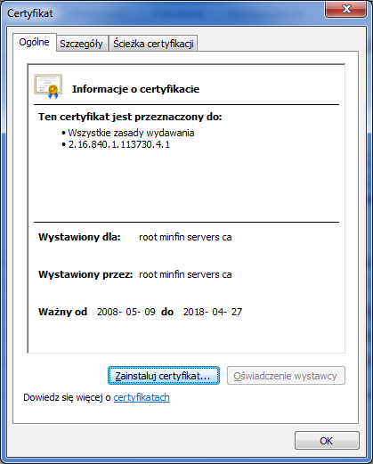 Program komputerowy PPUS - instrukcja obsługi (strona 8) Dla wygody użytkowników, certyfikaty te zostały dołączone do wersji instalacyjnej i znajdują się w folderze o nazwie CERTYFIKATY.