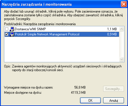 c) konfiguracja agenta SNMP dla Windows XP; wybieramy start > ustawienia > panel sterowania > dodaj lub usuń programy następnie