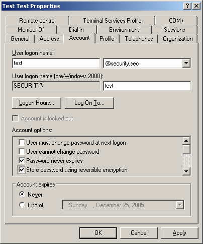 9. Kliknij i zaznacz Store password using reversible encryption.