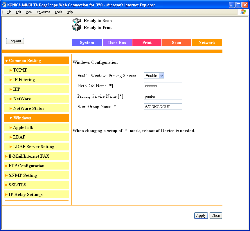 Ustawienia różne 11 Zakładka Network Common Setting Windows Możliwe jest określenie ustawień drukowania w Windows.