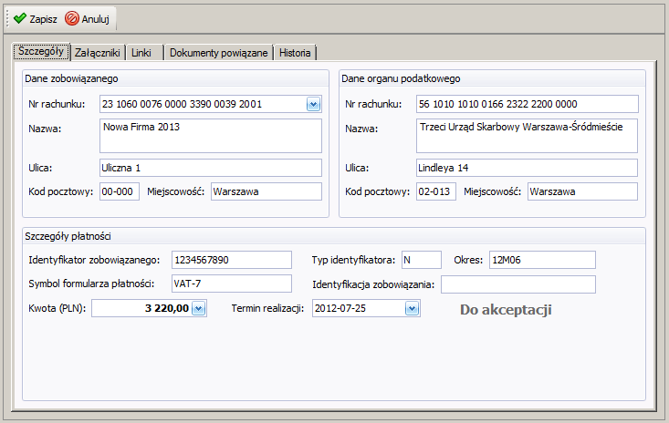 Symfonia Mała Księgowość 2013 5 UWAGA Zlecanie e-przelewów z deklaracji podatkowych działa wyłącznie wtedy, gdy są włączone pełne rozrachunki w panelu Ewidencje opisu firmy.