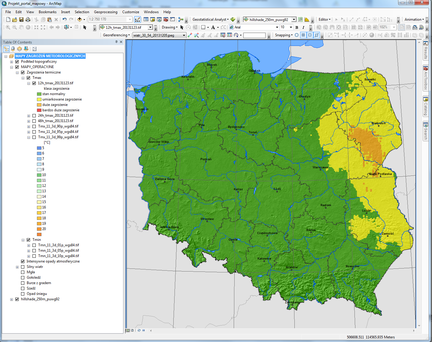 Mapy Zagrożeń Meteorologicznych mapy operacyjne max zoom 1 : 1 000 000 Prognozowana maksymalna temperatura powietrza przekroczy wartość, która historycznie notowana była z częstością występowania 5%