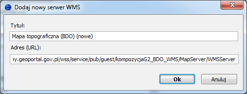 Rys.8 adresy serwerów usług WMS Po znalezieniu adresu serwera WMS dla interesującej nas warstwy dodajemy tą informację do bazy programu.