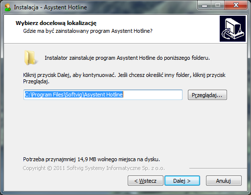6 Instrukcja obsługi programu Asystent Hotline Następny etap polega na wskazaniu lokalizacji, w której zostanie zainstalowany program.