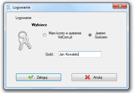 Gdy ukaże się okno logowania wpisujemy Login (identyfikator) i Hasło. Następnie klikamy Zaloguj. Przed kliknięciem przycisku upewniamy się, że mamy zaznaczoną opcję 'Mam konto w systemie VidCom.pl'.