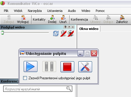 otworzy się okienko udostępniania pulpitu, w którym dostępne są następujące opcje: Rozpocznij udostępnianie, Wstrzymaj udostępnianie, Zakończ udostępnianie,