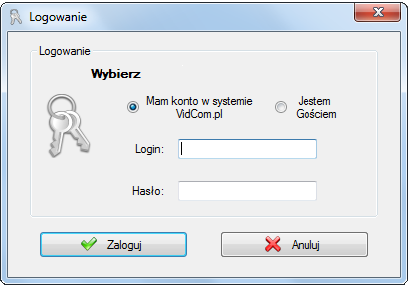 Zarejestrowany użytkownik loguje się używając swojego identyfikatora i hasła, które można uzyskać na stronie https://www.vidcom.pl/rejestracja.
