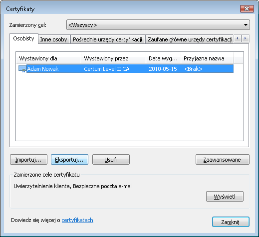 3. W nowym oknie wybierz z listy certyfikat, który chcesz eksportować, a