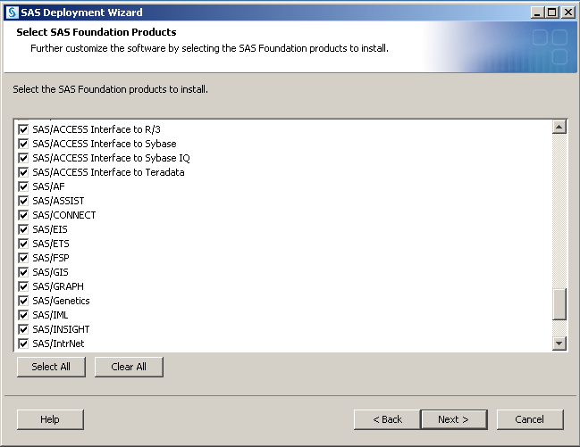Na kolejnym ekranie należy wybrać tylko 2 produkty do instalacji: SAS Enterprise Guide i SAS Foundation.