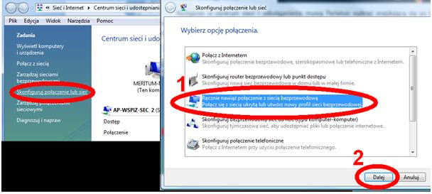 Instrukcja do konfiguracji sieci WiFi w Akademii Leona Koźmińskiego dla systemu Windows Vista W celu podłączenia się do sieci WiFi ALK przeznaczonej dla studentów lub wykładowców w systemie Windows